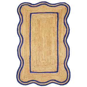 Artisanal Blue Border Jute Rug - Elegant Scalloped Design
