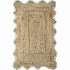 Jute Scallop Area Rug, White & Beige Hand Braided Boho Décor Rug