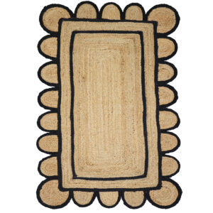 Handmade Natural Black Jute Scalloped Area Rug, Hand Braided Boho Décor Rug