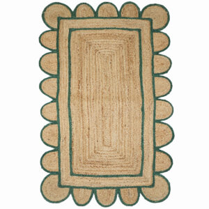 Green & Beige, Jute Scallop Area Rug,  Hand Braided Boho Décor Rug